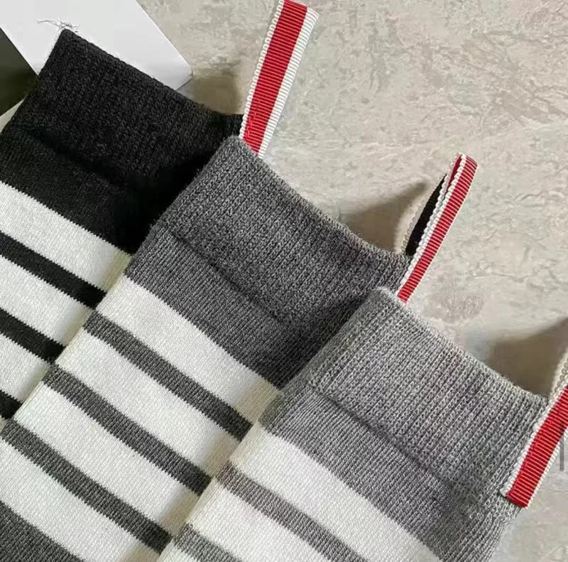 3 Pairs/Box TB THOM Socks Classic Luxury Cotton Men's Sock Breathable Striped Casual Calf Stocking Women Socks Gift Box