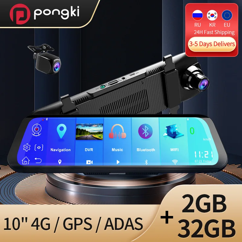 

Pongki Camera Cam GPS wifi Android Video Recorder A980S Dual Lens Dash 10" Touch Display Streaming Media Rearview Mirror Car DVR