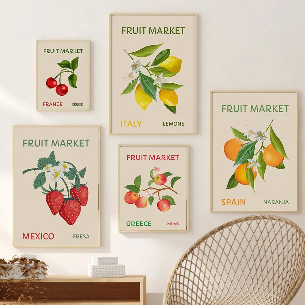 

Fruit Market Cherry Lemon Orange Vintage Posters Prints Travel Wall Art Canvas Painting Nordic Wall Pictures Kitchen Room Decor