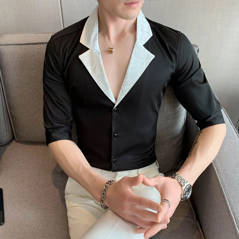 

Summer Deep V-Neck Half Sleeved Social Shirt Men Fashion Patchwork Print Collar Chemise Homme De Luxe Korean Mens Casual Shirts