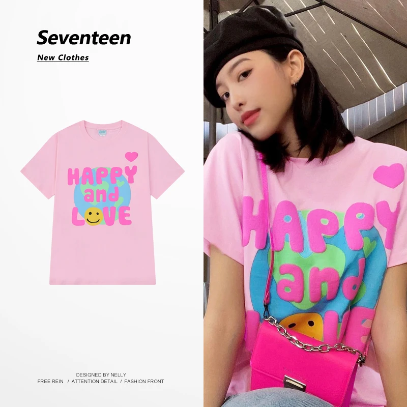 

Хлопковая футболка с коротким рукавом для девочек, универсальная свободная модная розовая футболка с круглым вырезом и принтом в стиле цветущей американской уличной моды