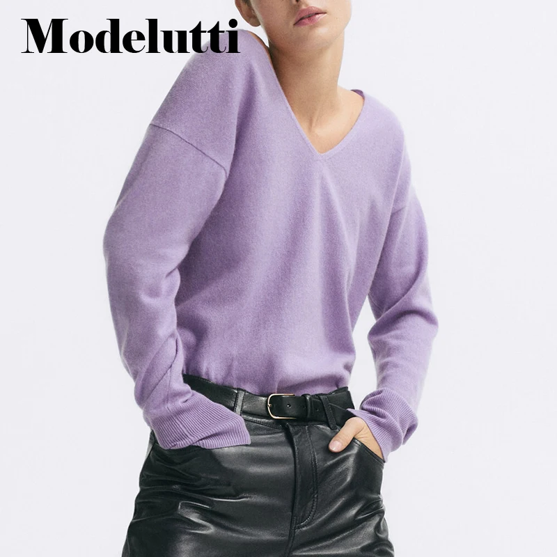 

Modelutti 2022 Autumn Winter Fashion Women New Knitted Sweater V-neck Pullovers Thin Bottoming Shirt Solid Simple Tops Female