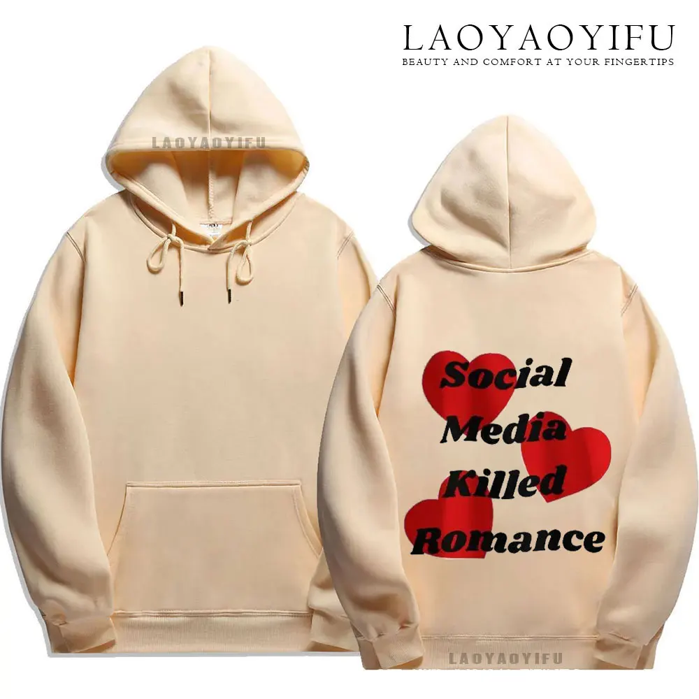 Фото Уютная толстовка с капюшоном The Social Media Killed Romance, удобные толстовки для мужчин и женщин, толстовки в стиле Харадзюку, уличная одежда с длинными рукавами №5