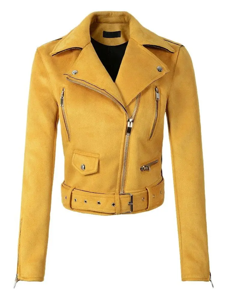 

2023 Autumn Winter Women Soft Suede Faux Leather Jackets and Coats Lady Matte Cute Zippers Belt Sash Yellow Pockets Outerwear