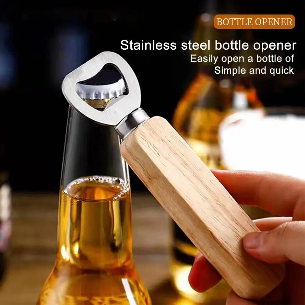 

Bottle Opener Wood Handle Durable Convenient Non-slip Stainless Steel Refrigerator Beer Opener Kitchen Tool