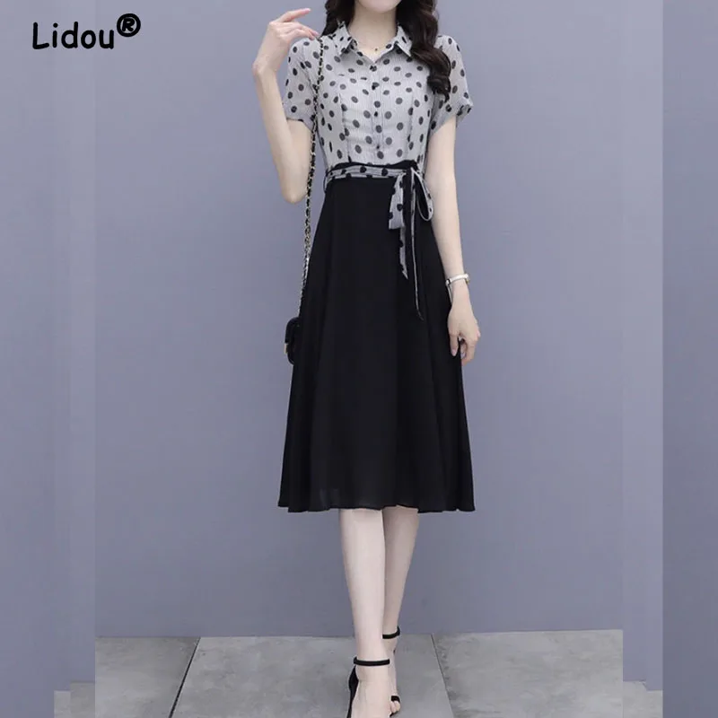 

Elegant Fashion Polo-Neck Polka Dot Printing Waist Lacing A-line Dresses New Chiffon Dress for Women 2022 Korean Chic Vestidos
