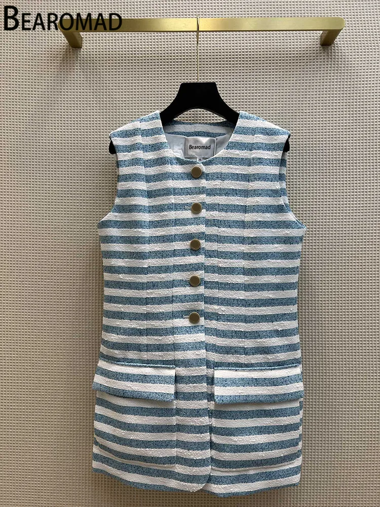 

Bearomad New Runway Fashion Summer Vintage Jacket Vests Tops Women's Sleeveless Single Breasted Pockets Striped Jacket Vests