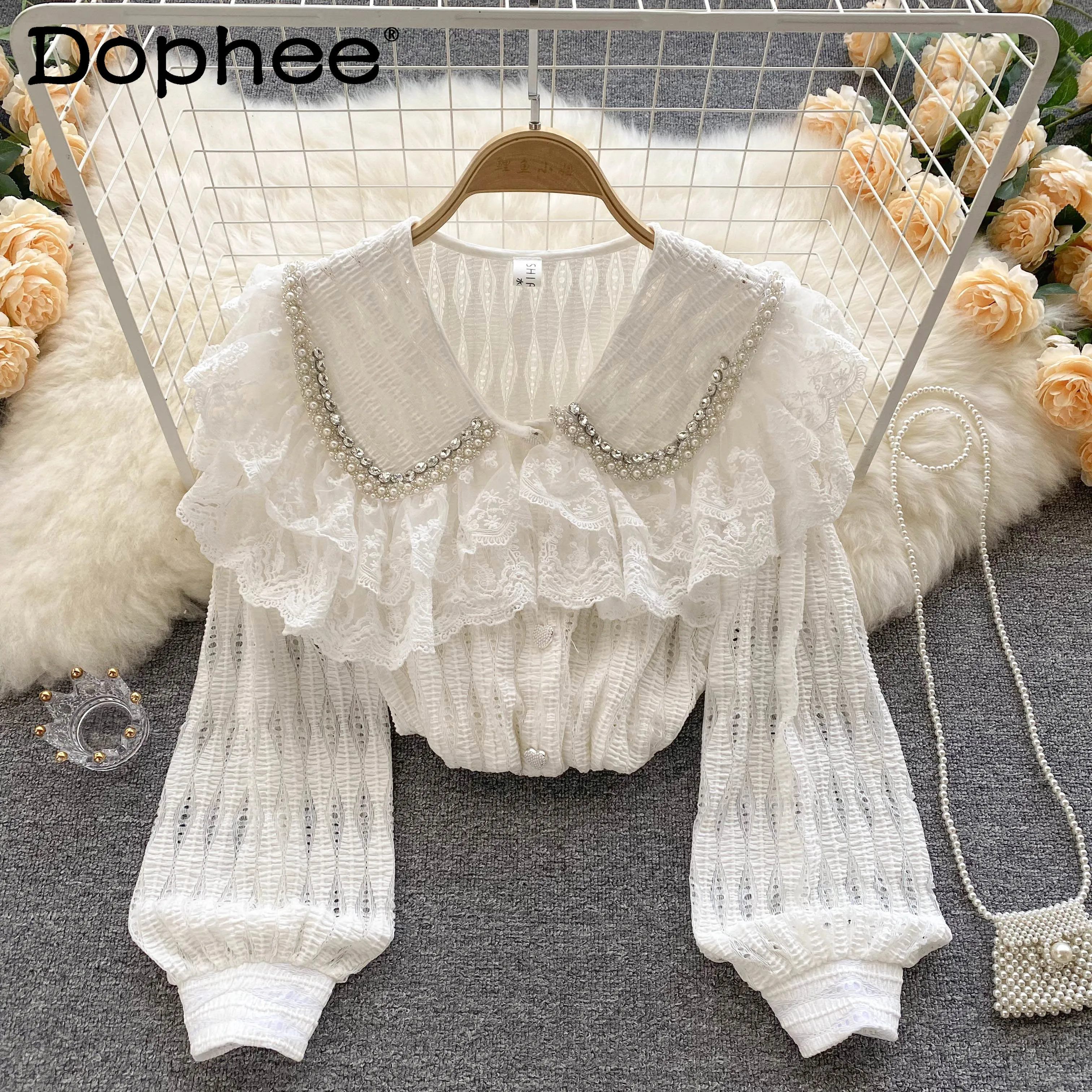 

French Sweet Beaded Lace Doll Collar Shirt Women Girl Temperament Crocheted Blouse Top Blusas Mujer De Moda 2022 Spring Elegante