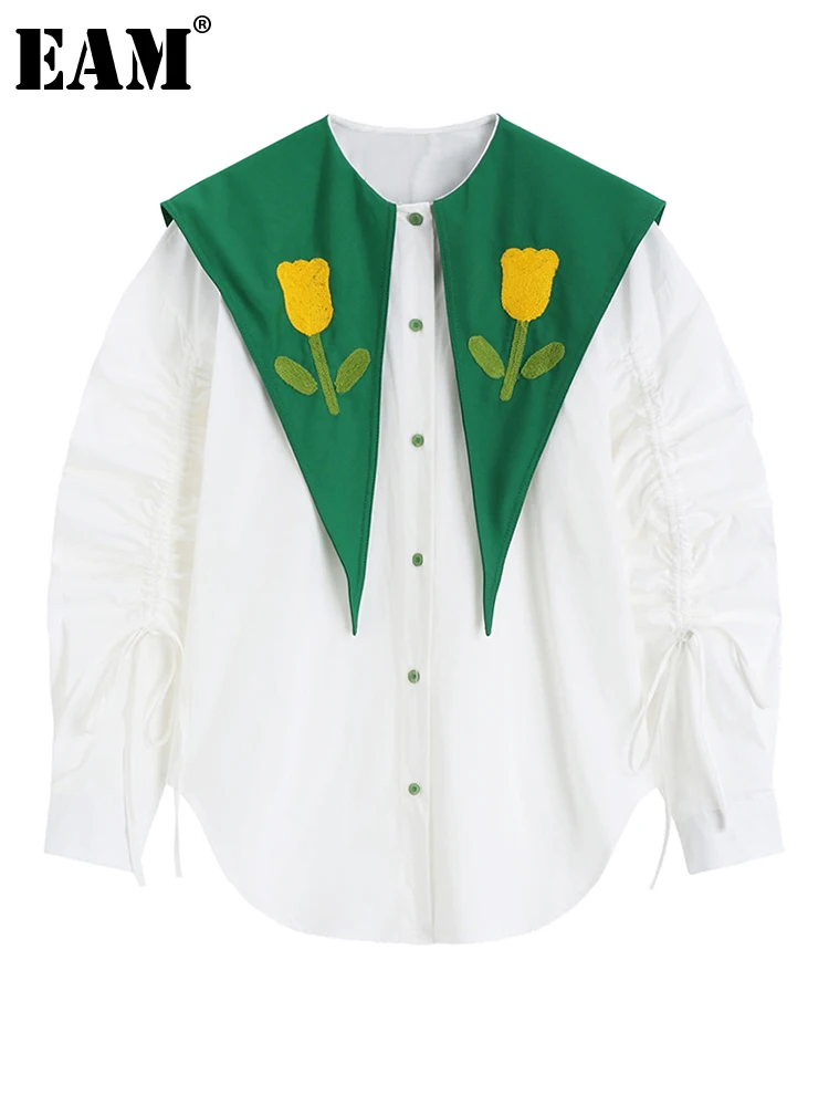 

[EAM] Women White Flower Vintage Big Size Blouse New Peter Pan Collar Long Sleeve Shirt Fashion Tide Spring Autumn 2023 1DE8178