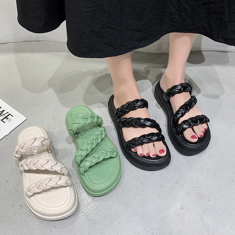 

Ladies Woven Platform Slippers Outer Summer Pull-On Muffins Beach Sandals Flats