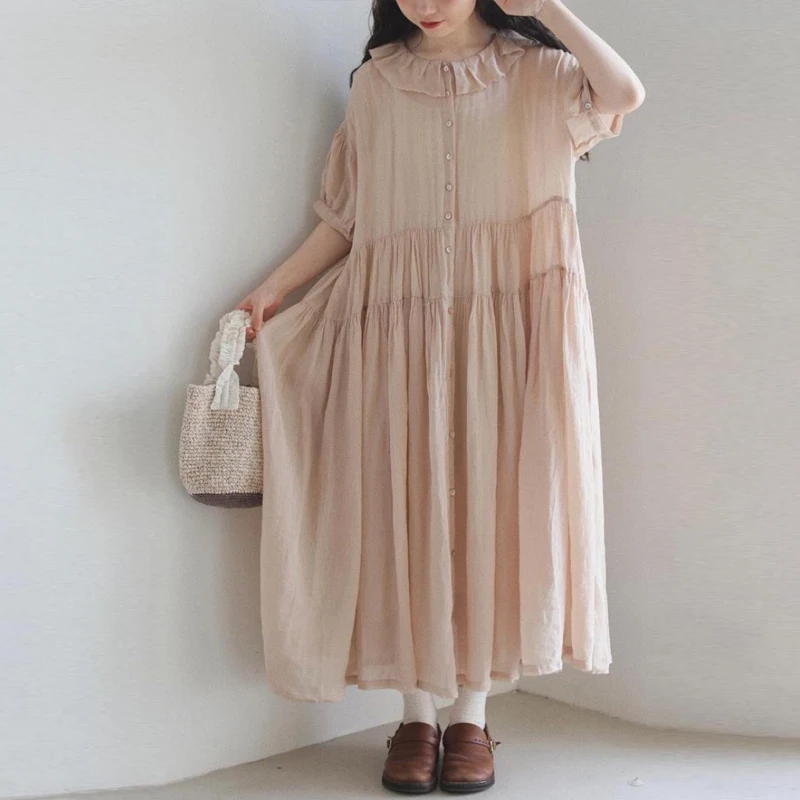 

Женское платье из рами Johnature, однотонное свободное Повседневное платье с рюшами на воротнике в японском стиле, одежда в стиле мори для лета, 2023