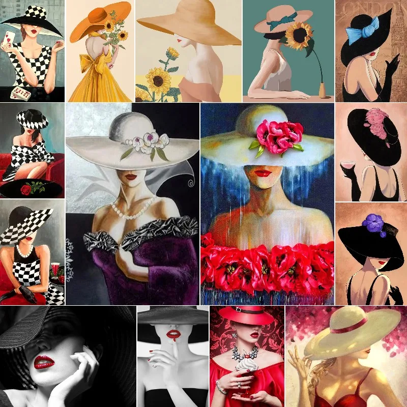 

5D DIY Diamond Painting Elegant Lady Cross Stitch Full Square Woman with Hat Icon 5d Diamond Embroidery Mosaic Decoration Gift