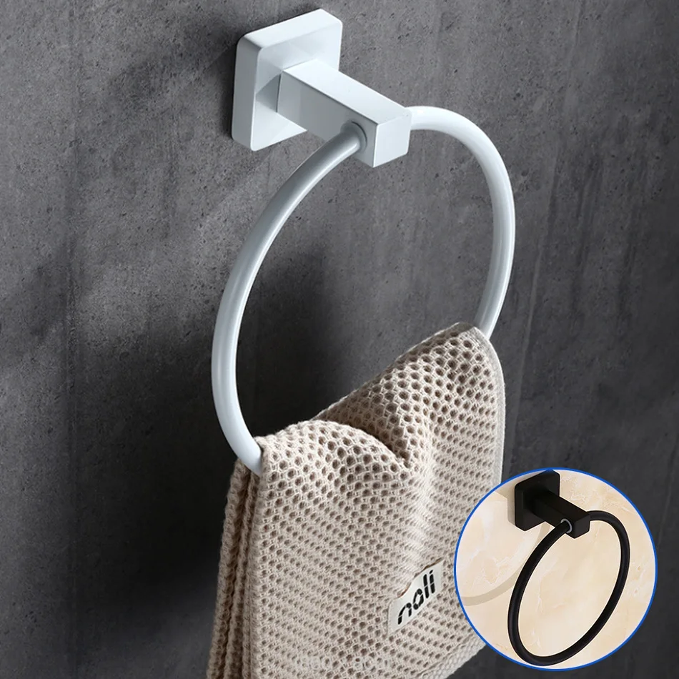 

304 Stainless Steel Towel Ring for Bathroom Kitchen Wall Mounted Black White Square Hand Round Towel Holder Ring Bath Hardware