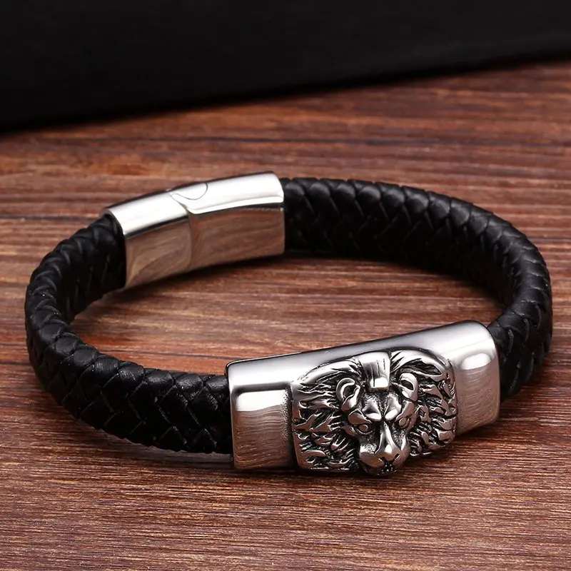 

New Brand Animal Lion Charm Genuine Leather Bracelets Vintage Handmade Braided Fashion Men Male Cuff Sporty Bracelets