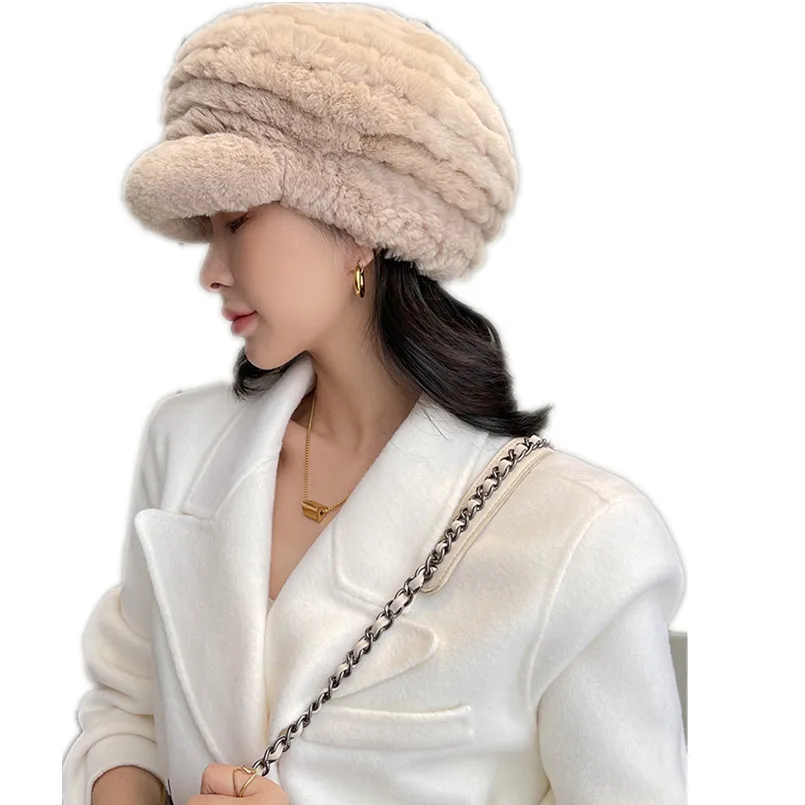 Soft Real Rex Rabbit Fur Hat with Brim Baseball Cap Baggy Women Winter Elegant Warm Fluffy Headwear