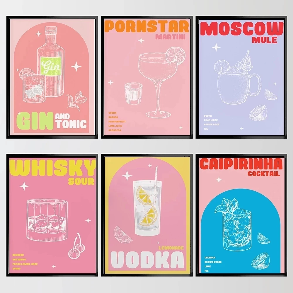 

Wall Art Modular Canvas Wine Kitchen Cocktail Drink Home Decor Pink Pictures HD Printed Paintings Living Room Artwork No Framed