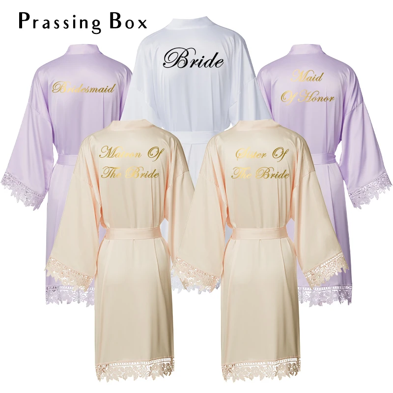 

Champagne Bridesmaid Robe Matte Satin Fabric Lace Robes White Bride Robes Lavender Maid Of Honor Bathrobes Sister Of The Bride