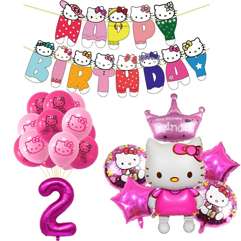 

38pcs Hello Kittyy Birthday Decoration Balloons Flags Kids Party Baby Shower Toys KT Cats Banner Number Helium Globos Supplies