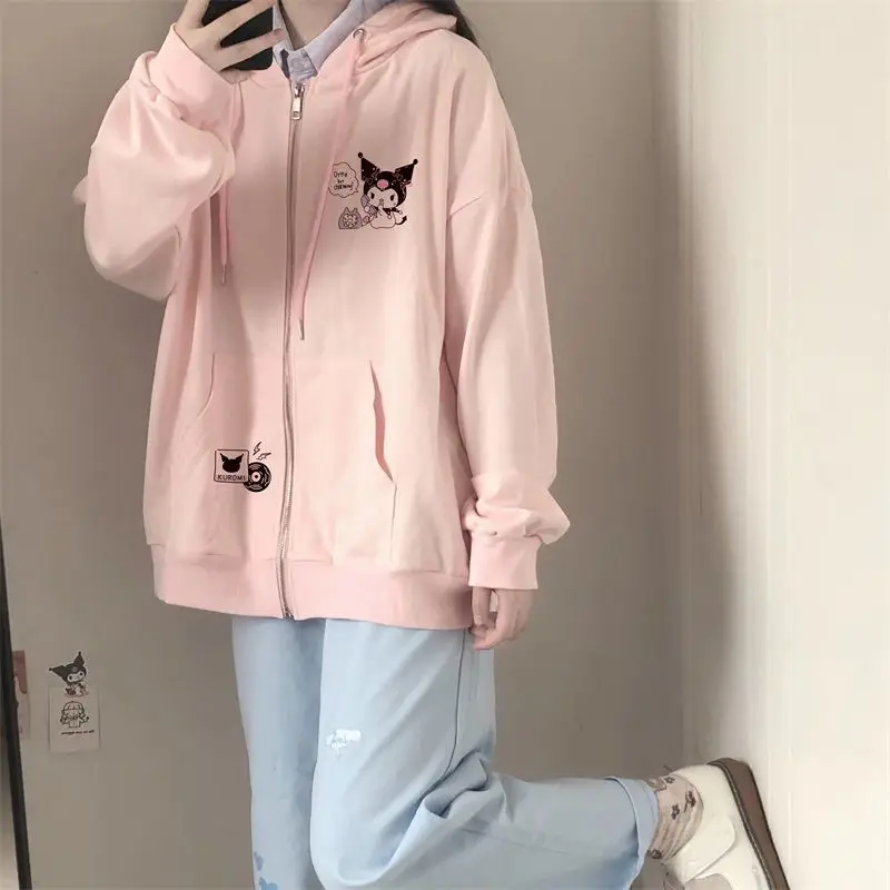 

Sanrio Kawaii Anime Kuromi Loose Fitting Cardigan Cute Cartoon Character Girly Heart Embroidered Sweatshirt Toys for Girls