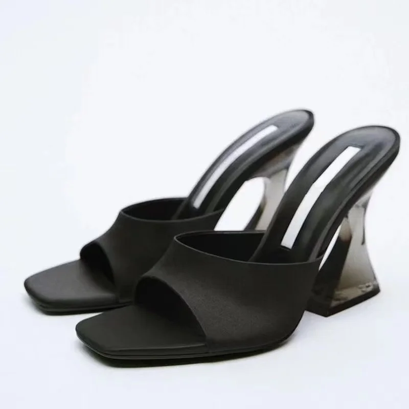 

2022 New Women's Strange Style Transparent High Heels Slippers Female Square Toe Slip-On Clear Shoes Women Slides Sandals