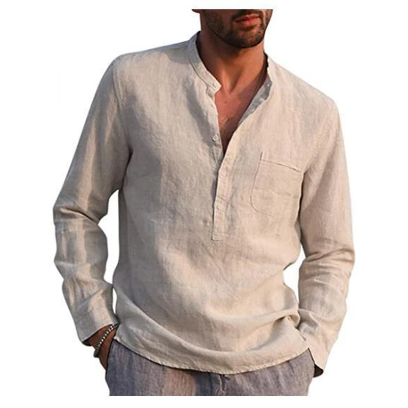 

Cotton Linen Hot Sale Men's Long-Sleeved Shirts Summer Solid Color Stand-Up Collar Casual Beach Style Plus Size