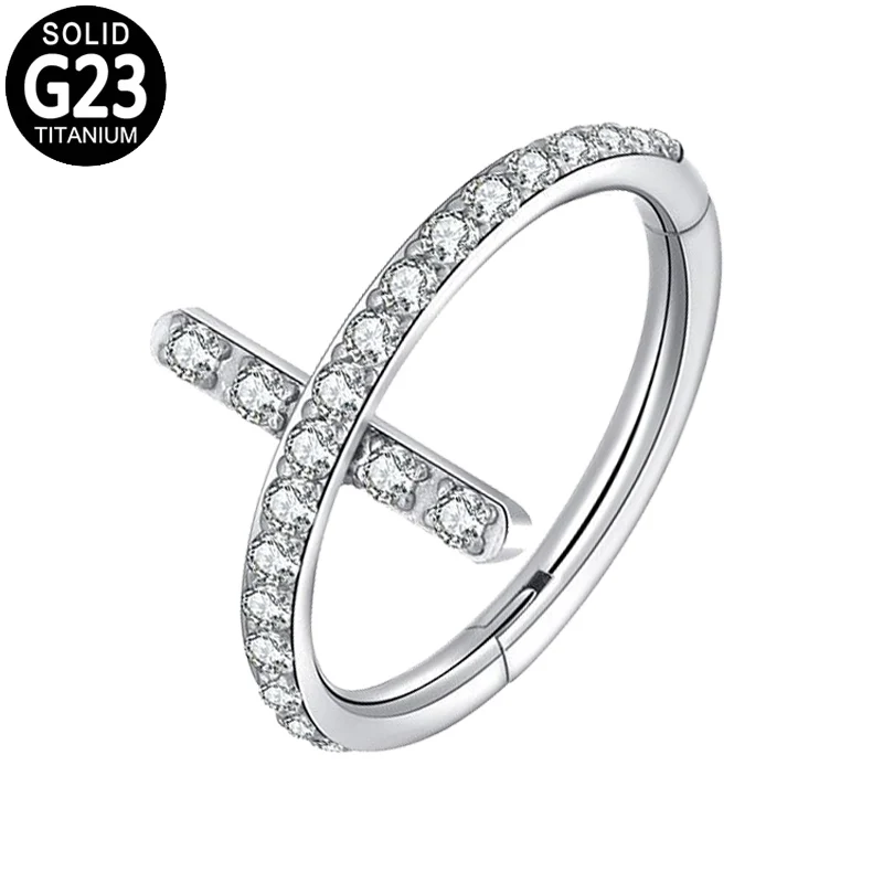 

G23 Titanium Nose Ring Septum Clicker Piercing Zircon Cross Paved Hinged Segment Hoop Ear Cartilage Tragus Helix Daith Earrings