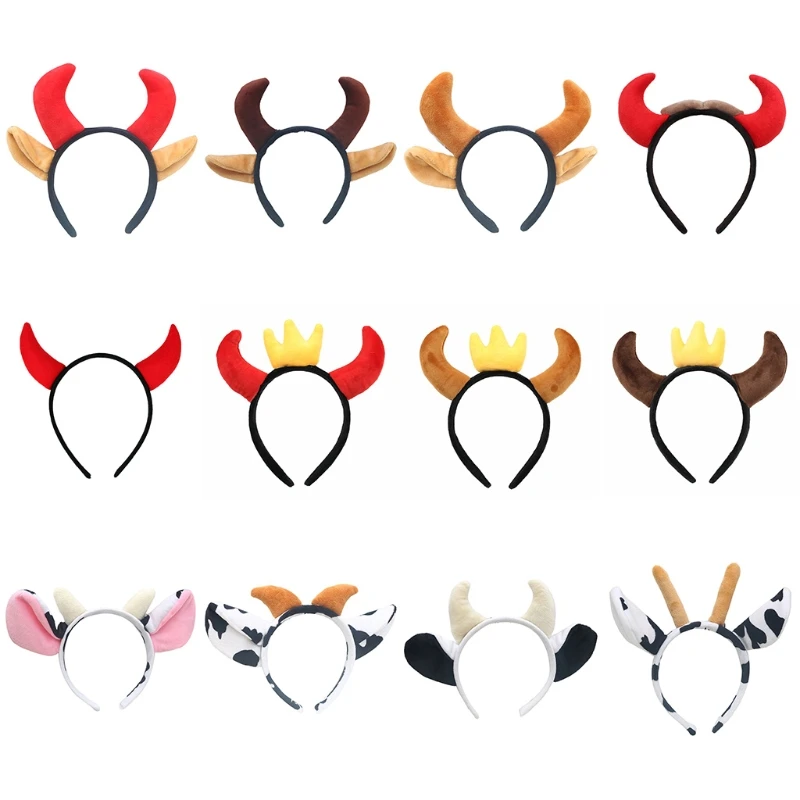 

Funny Cow Ox Devil Horn Plush Headband Cartoon Animal Hair Hoop Makeup Wash Face Holiday Cosplay Party Bandana Headpiece