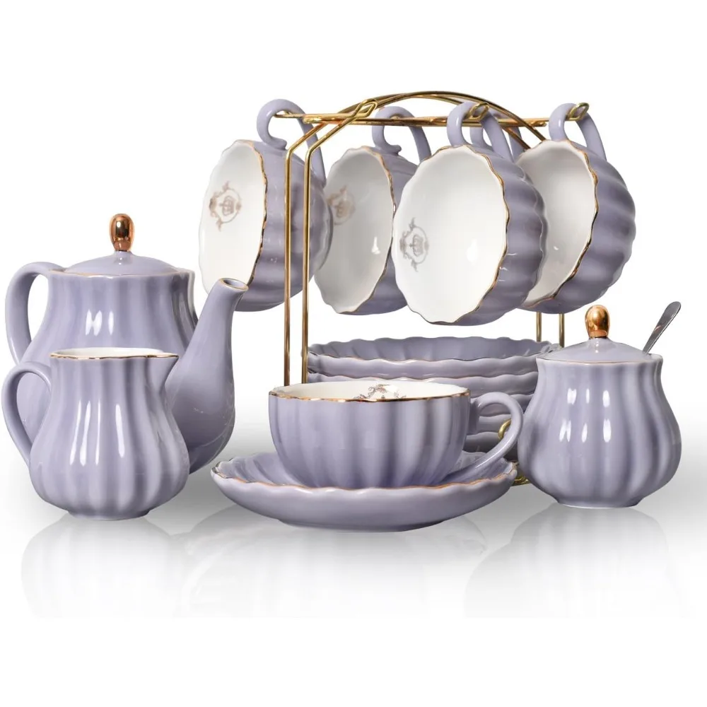 

Porcelain Tea Sets 8OZ Cups& Saucer Service for 6, with Teapot Sugar Bowl Cream Pitcher Teaspoons tea sets tea pot and cup set
