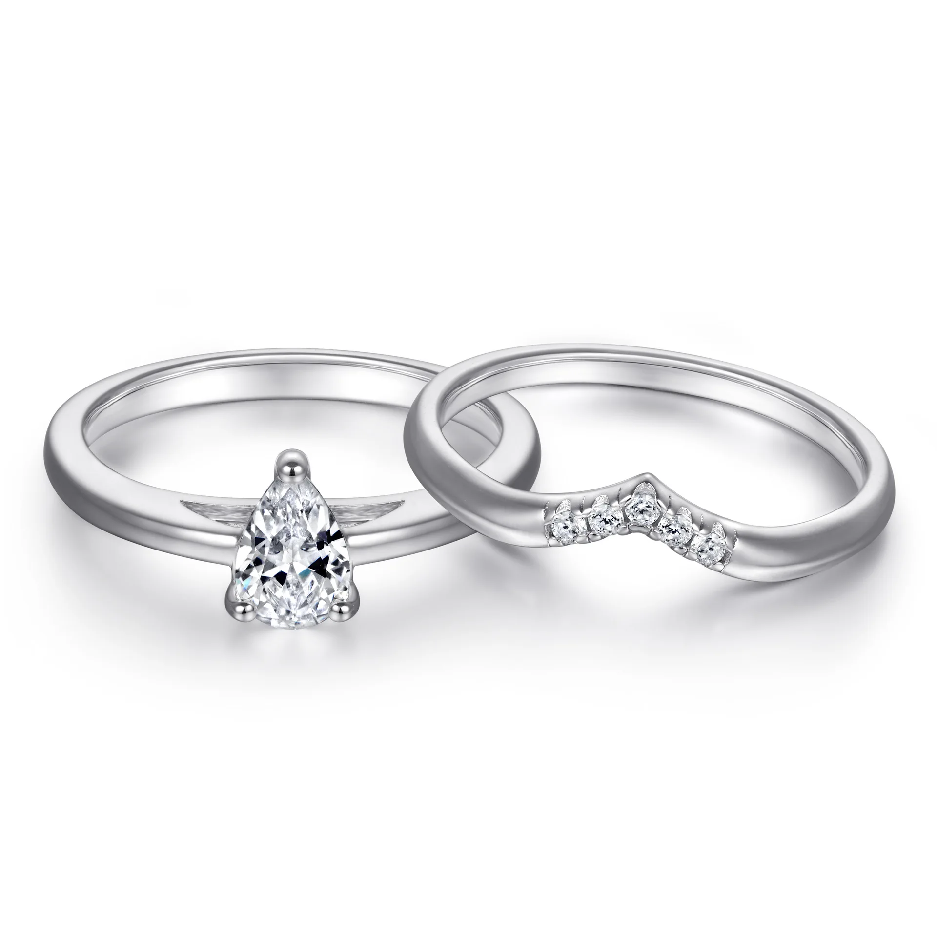 

New European and American S925 silver ring ladies trend set ring fashion drop-shaped 5A zircon V-shaped ring