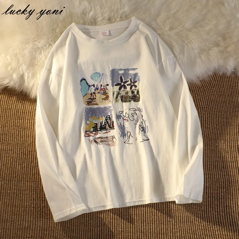 

Yoni Summer Harajuku Graphic T Shirts Women Loose O-neck Cotton Printed Tees Female Korean Long Sleeve Bottom Black Tops