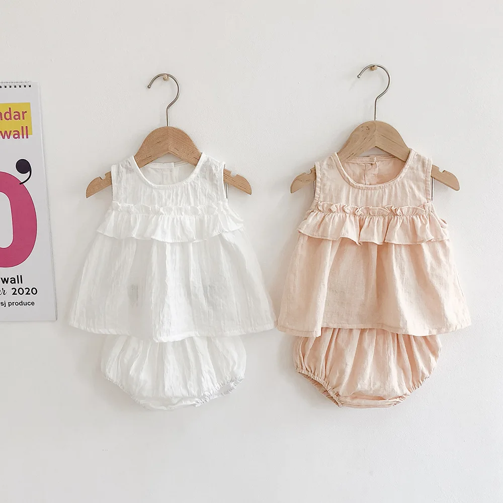 

2022 summer baby cotton sleeveless fungus top + lantern bread pants two-piece suit for girls