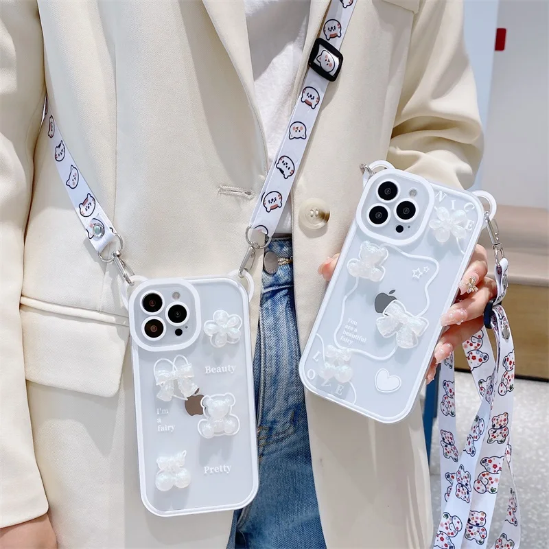 

Korea Glitter 3D Cartoon Bear Ears Crossbody Lanyard Phone Case For IPhone 13 12 11 Pro XS Max XR 7 8 Plus Cute Girl Clear Cover