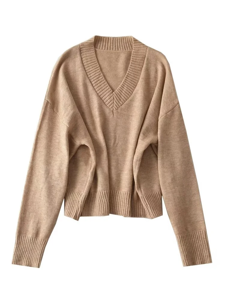 

YENKYE New Women Vintage Oversized Khaki Soft Knit Sweater Long Sleeve V Neck Female Autumn Jumpers