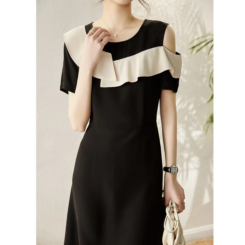 

Женское облегающее платье с открытыми плечами, пикантное модное офисное платье с коротким рукавом, оборками и высокой талией, лето 25951