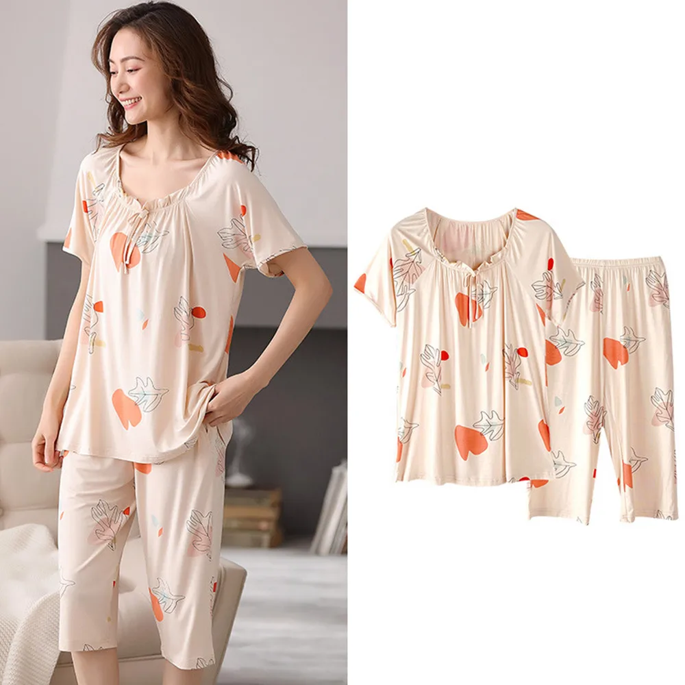 Fdfklak New Women Sleepwear Suit Summer Pajama Set Short Sleeve Casual Floral Print Female Pijama M-3XL Loose Home Wear