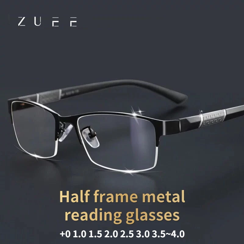 

ZUEE Metal Anti-Blue Light Reading Glasses Men Half Frame Prescription Eyeglasses Male TR90 Eyewear With Case óculos