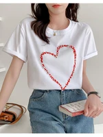 casual fashion bead tee shirts for women white cotton tshirts korean clothes short sleeve tshirt ladies tops 2022 summer t shirt