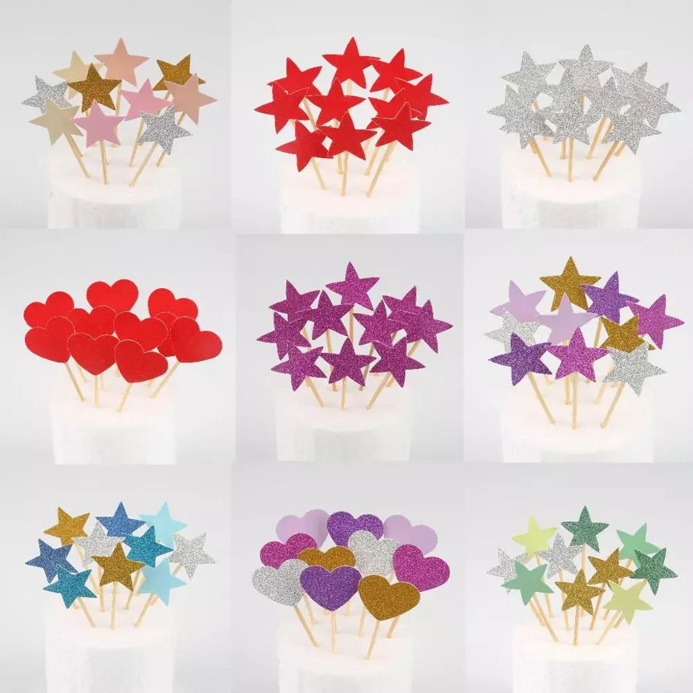 

10pcs Mini Heart Star Cupcake Toppers Birthday Cake Topper Decorating Picks Kids Wedding Party Decorations Baby Shower Favors