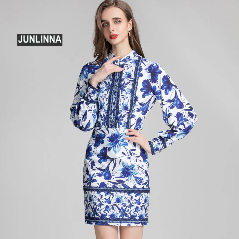 

Женский дизайнерский костюм из двух предметов JUNLINNA, белая и синяя фарфоровая рубашка с принтом и юбка-Боттон на осень