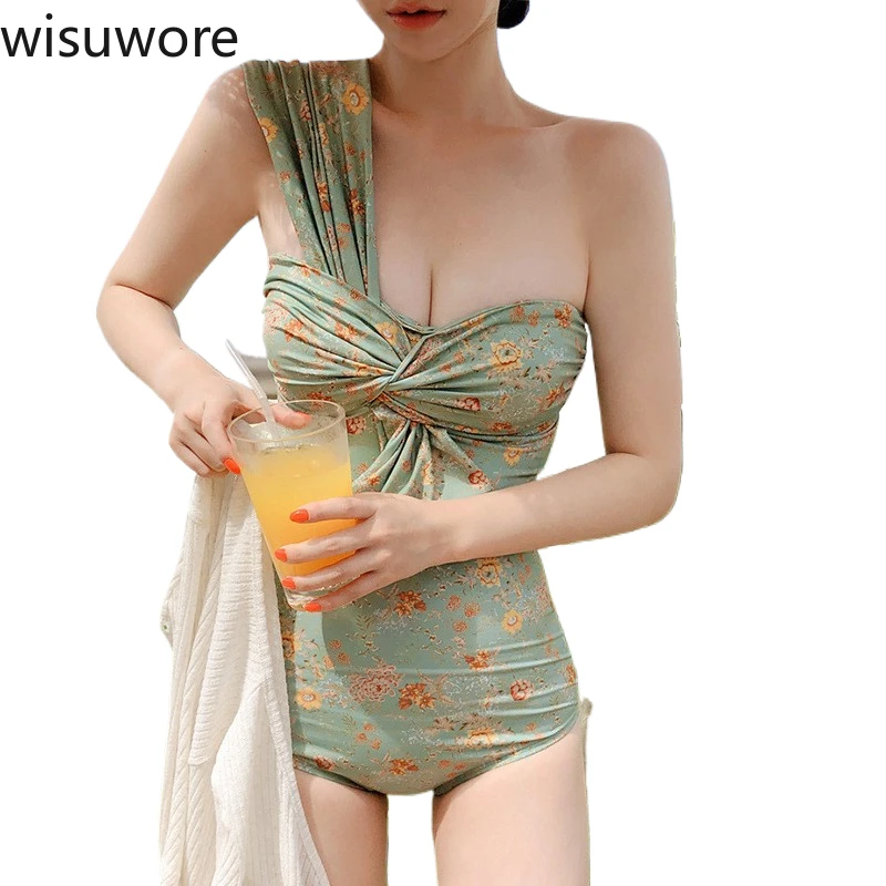 

Wisuwore Backless One Piece Swimsuit Women Sexy Lingerie Ladies Swimwear Suit One Shoulder Swimsuit Printed Bodysuit Bath Suit