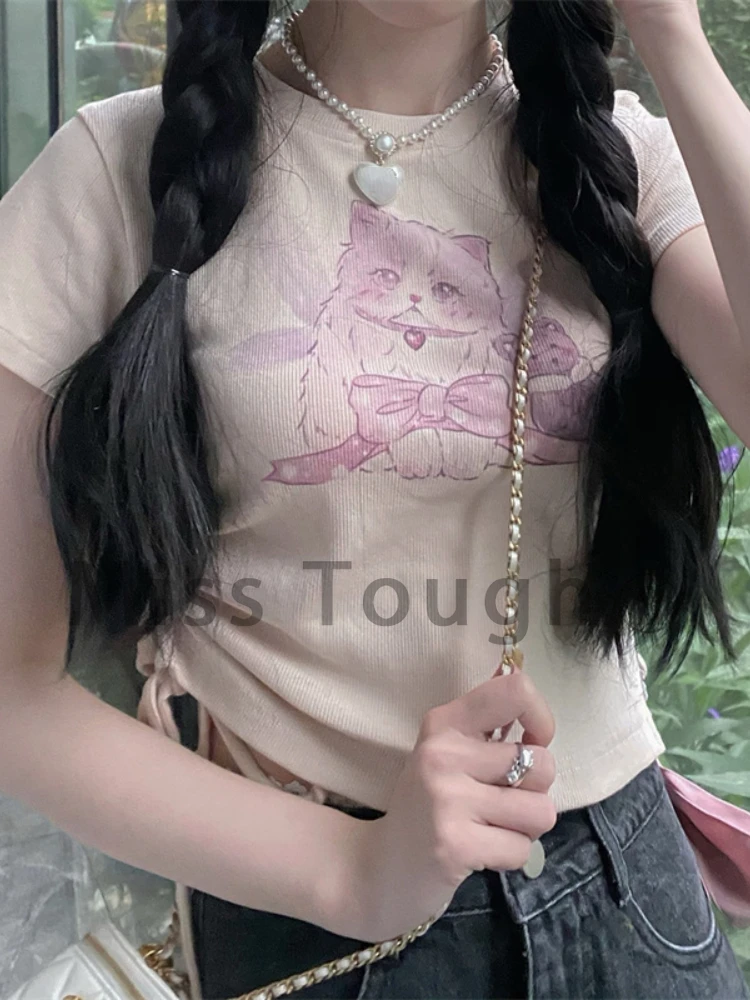 Женские милые летние футболки 2022 года укороченные топы в японском стиле Лолиты с