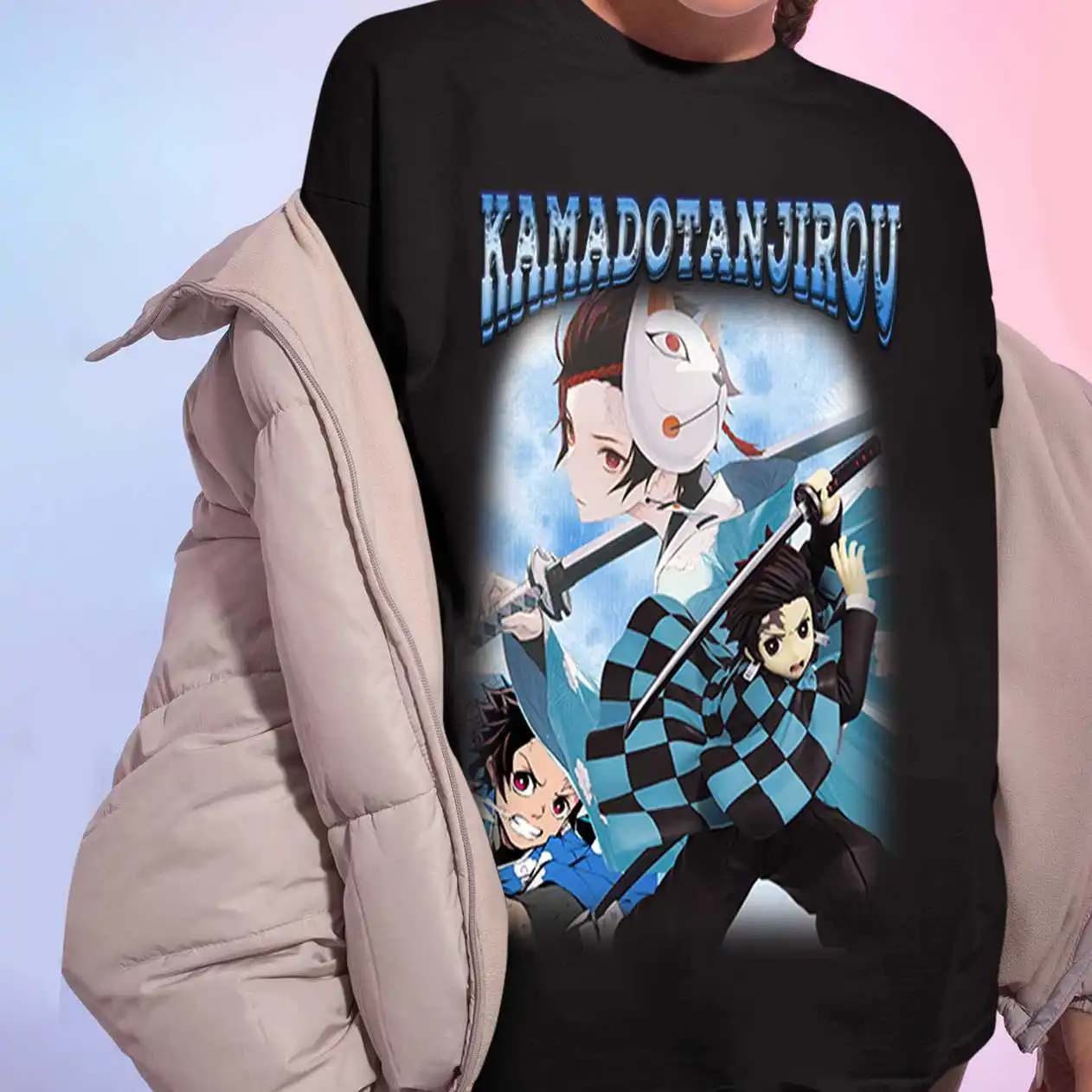 

Модная женская футболка с изображением демонов, рассекающих киметсу, No Yaiba, кавайные футболки с рисунком из японского аниме Tanjirou Kamado в стиле ...