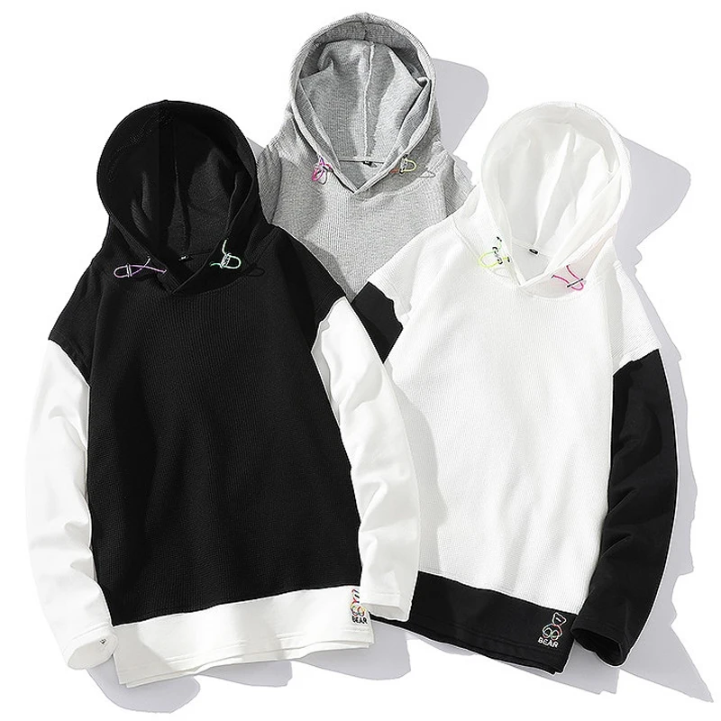 

Spring Autumn Couple Hoodies Patchwork Little Bear Embroidery Fake 2piece Fashion Streetwear Casual Men Women Pullover Plus Size