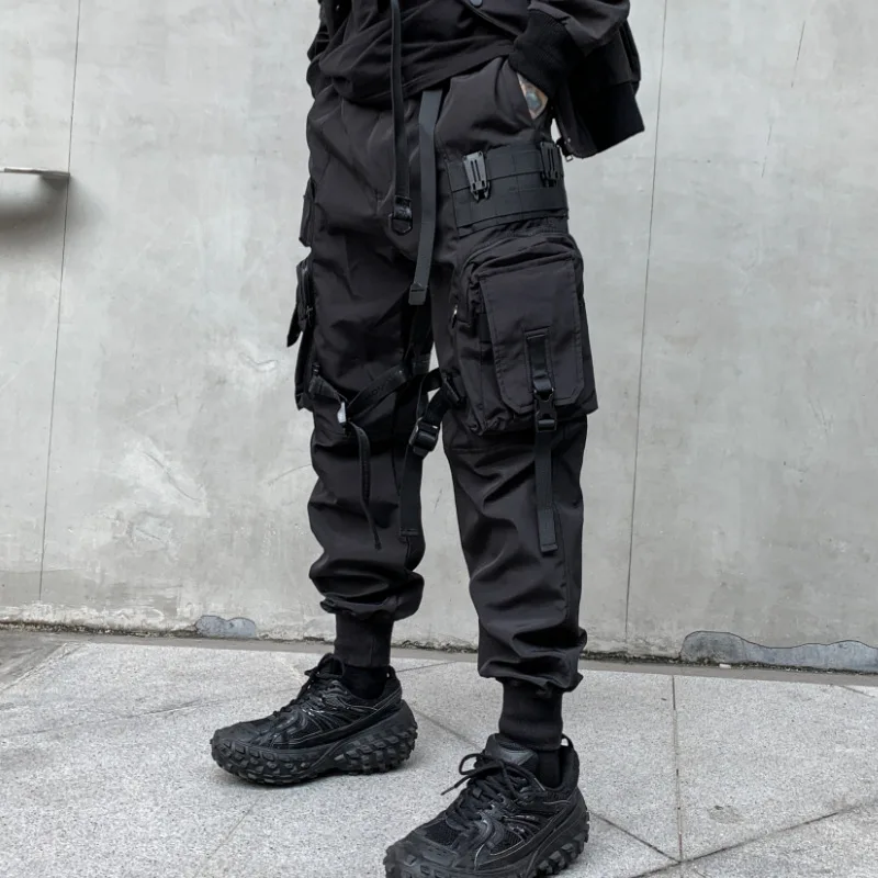 

Hip Streetwear Hop Mens Casual Ribbons Harajuku Tactical Multi-pockets Pants Pantalons Punk Bandage Techwear Joggers Cargo