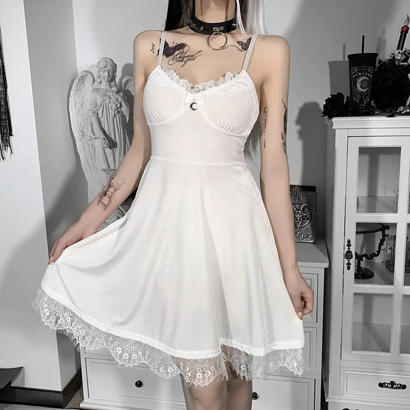 

American Sexy Straps Dress 2022 Spring Summer Young Women Velvet Low Cut Lace Splicing Short Dress for Party Club SXHLYQ446