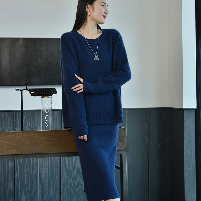 (100% кашемир) Женский высококачественный кашемировый комплект с круглым вырезом