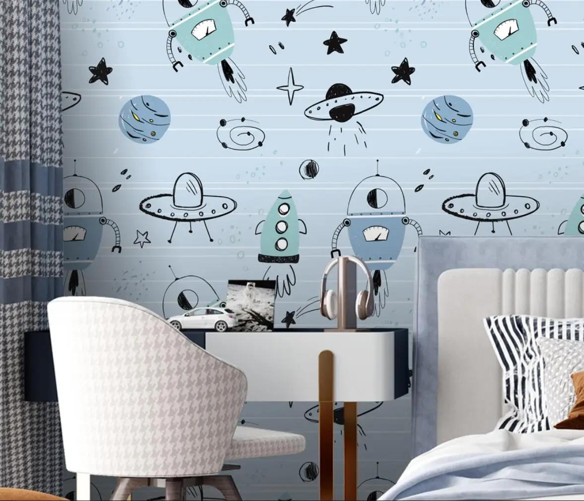 

Custom Wallpaper 3D Photo Mural spaceship wall paper for children's room Living Room Bedroom Home Decor blue Wall Papers 3 D