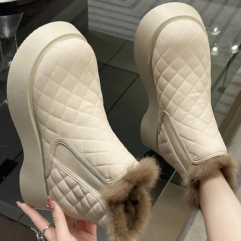 

Winter New Platform Heels Warm Snow Fur Ankle Women Boots 2022 Casual Plush Chelsea Non Slip Shoes Thick Goth Wedges Botas Lady