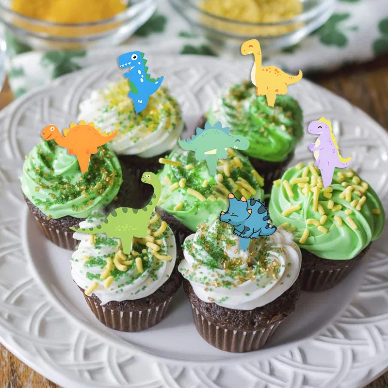 

24P Dino Theme Birthday Party Cupcake Wrappers Toppers Boy Girl Baby Shower Favors Jungle Safari Cake Decoration Cupcake Toppers