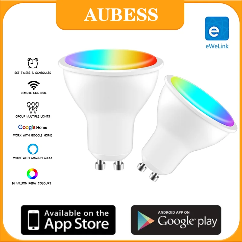 

Светодиодная лампочка Aubess EWeLink GU10 с RGB-подсветкой и пультом ДУ, 4 Вт, 220-240 В
